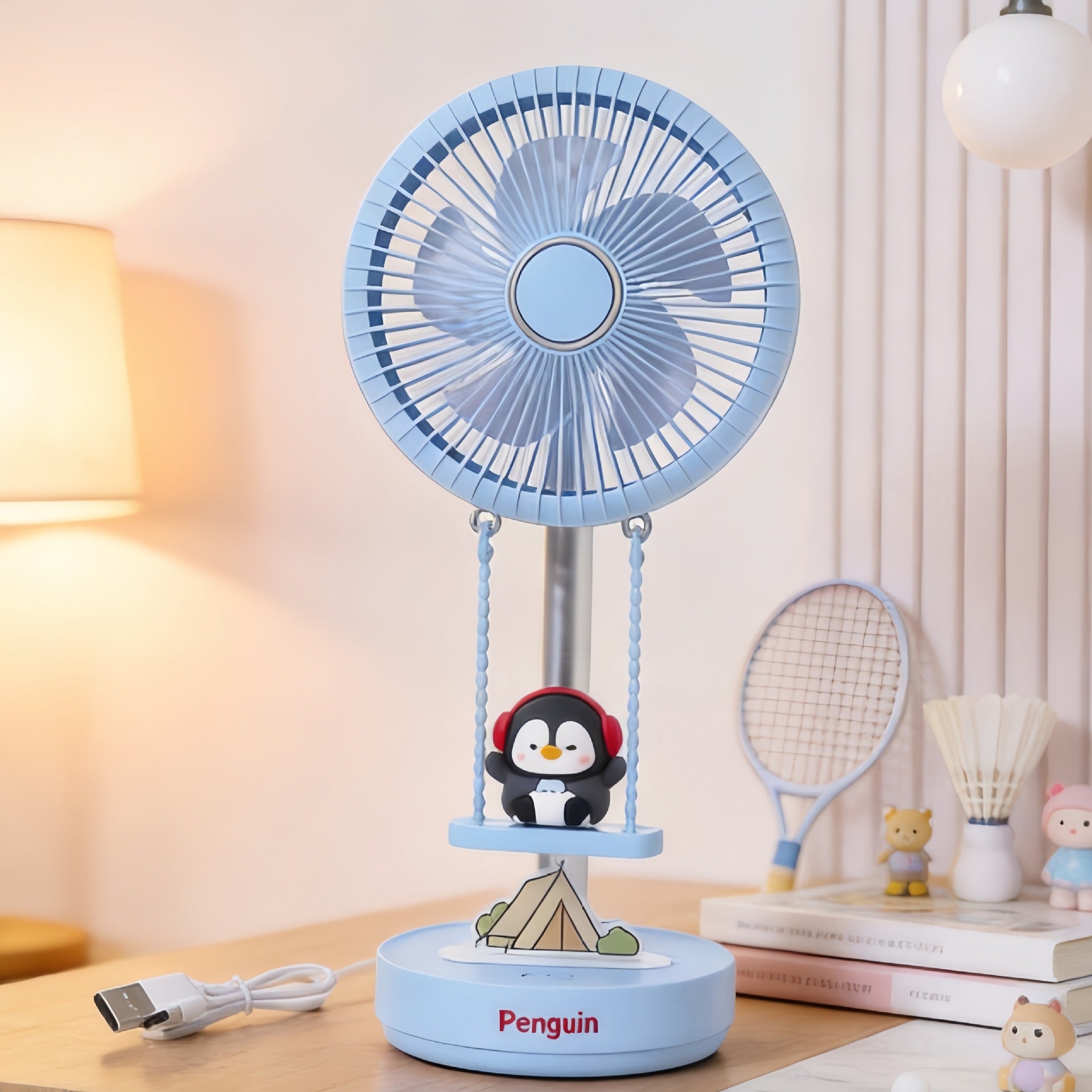 Portable Table Fan with Cute Penguin Design USB Rechargeable Compact Desk Fan
