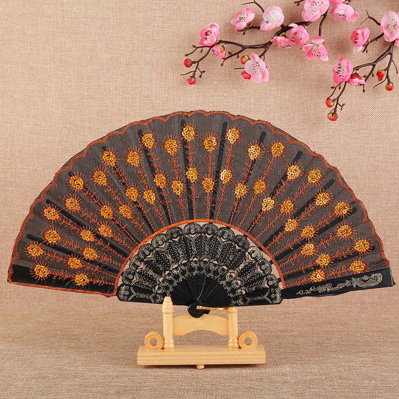 Handmade Ladies Fan Black Fabric Wood Blue Floral Embroidered Design
