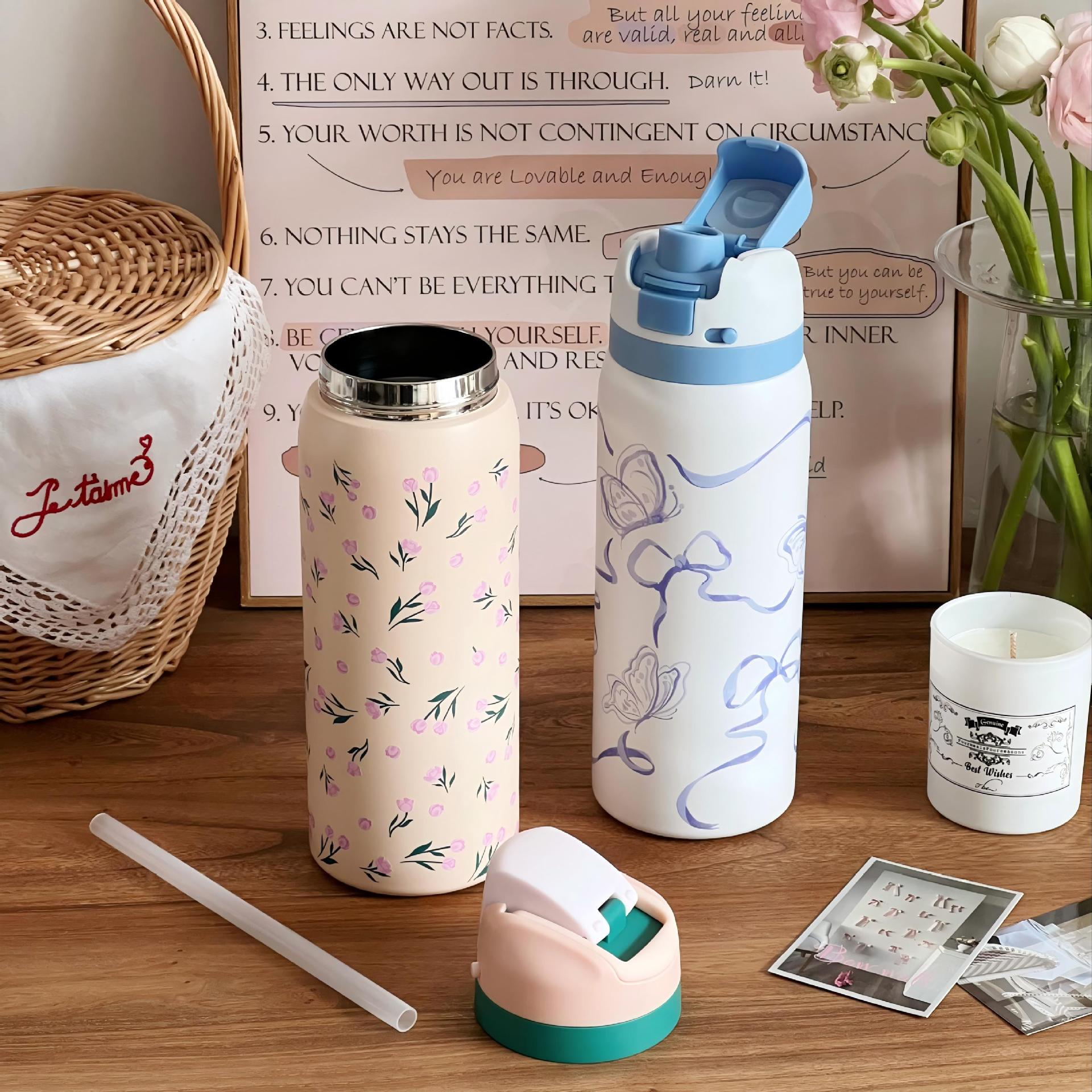 Insulated Water Bottle Double-Walled Leak-Proof Floral Design BPA-Free for Women