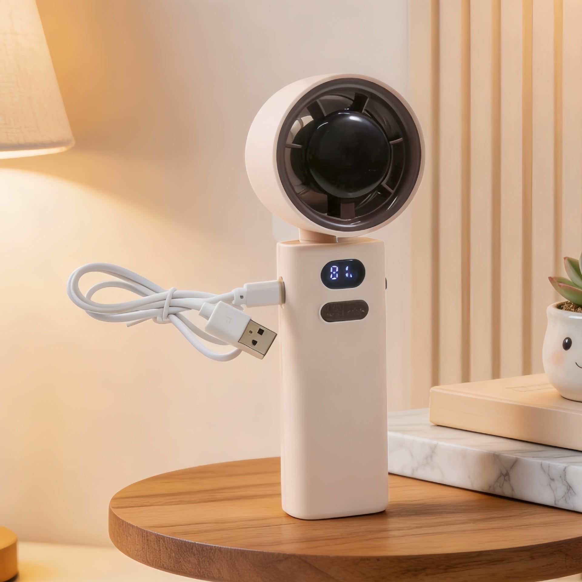Portable USB Rechargeable Personal Fan with Display and Carrying Strap Compact Cooling