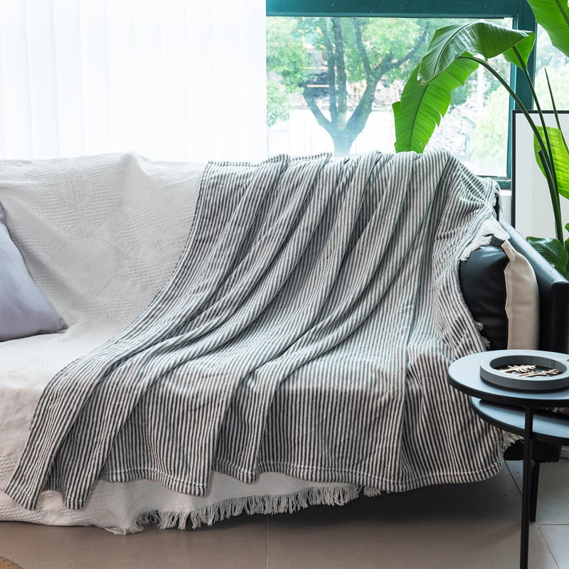 Cotton Throw Blanket for Sofa and Bed Striped Pattern Machine Washable Cozy Home Decor