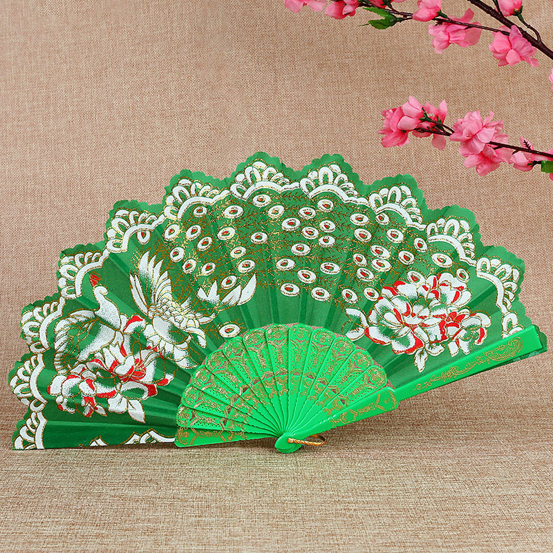 Women Folding Hand Fan Embroidered Pink Fabric and Wood Portable Accessory