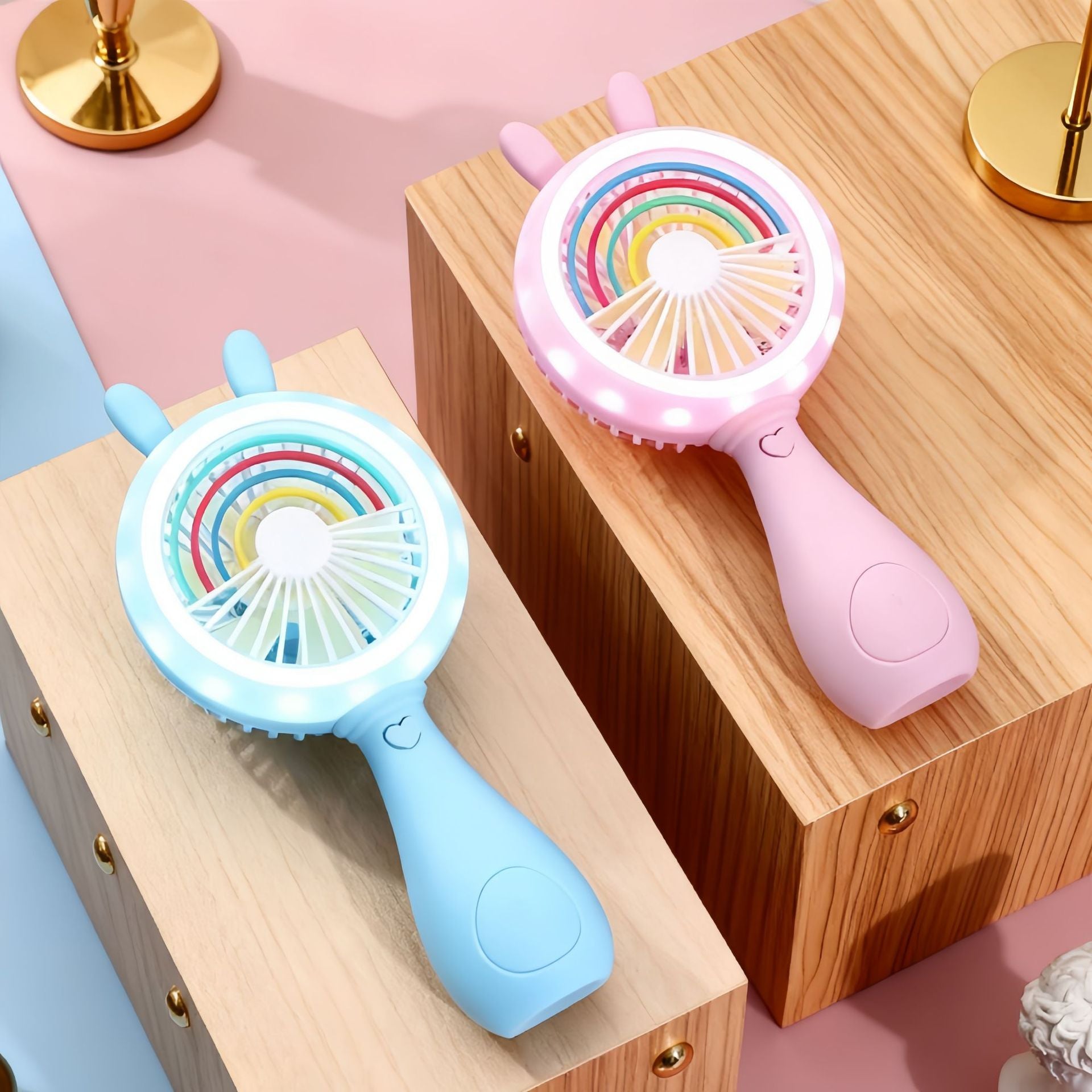 Portable Handheld Fan with LED Light Bunny Design USB Rechargeable Lightweight Cooling Fan
