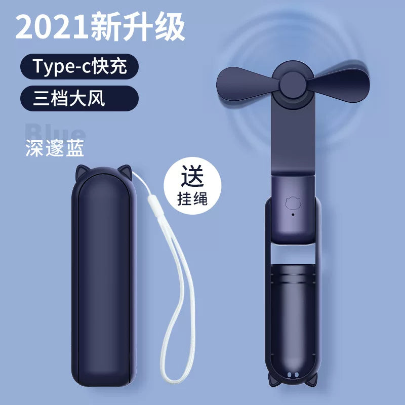 Foldable Rechargeable Mini Handheld Fan with Power Bank USB-C USB-A Ports and Wrist Strap