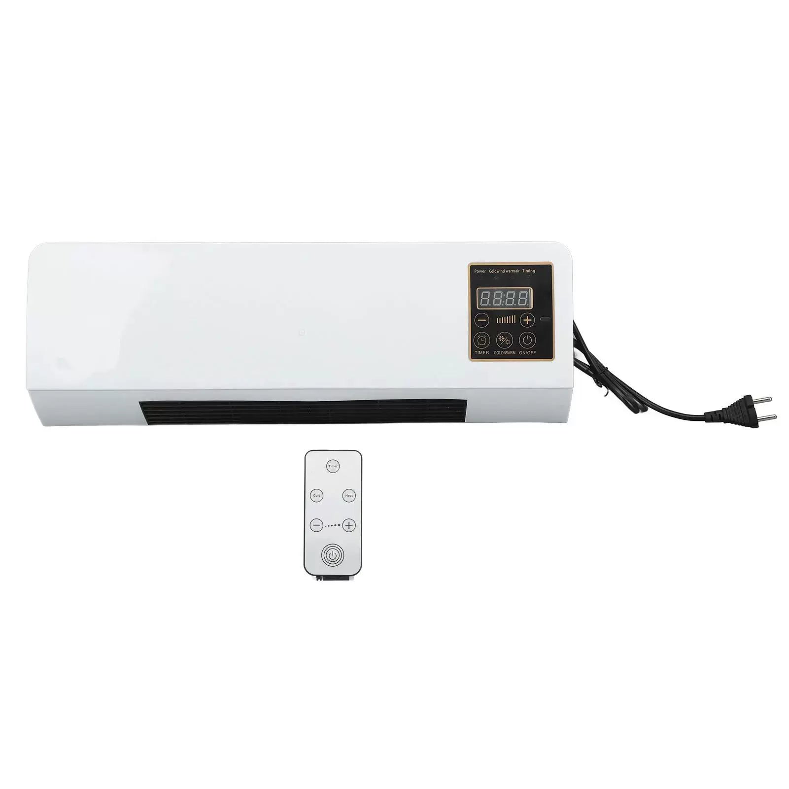 Wall-Mounted Electric Heater Fan with Digital Thermostat Remote Control White Flat