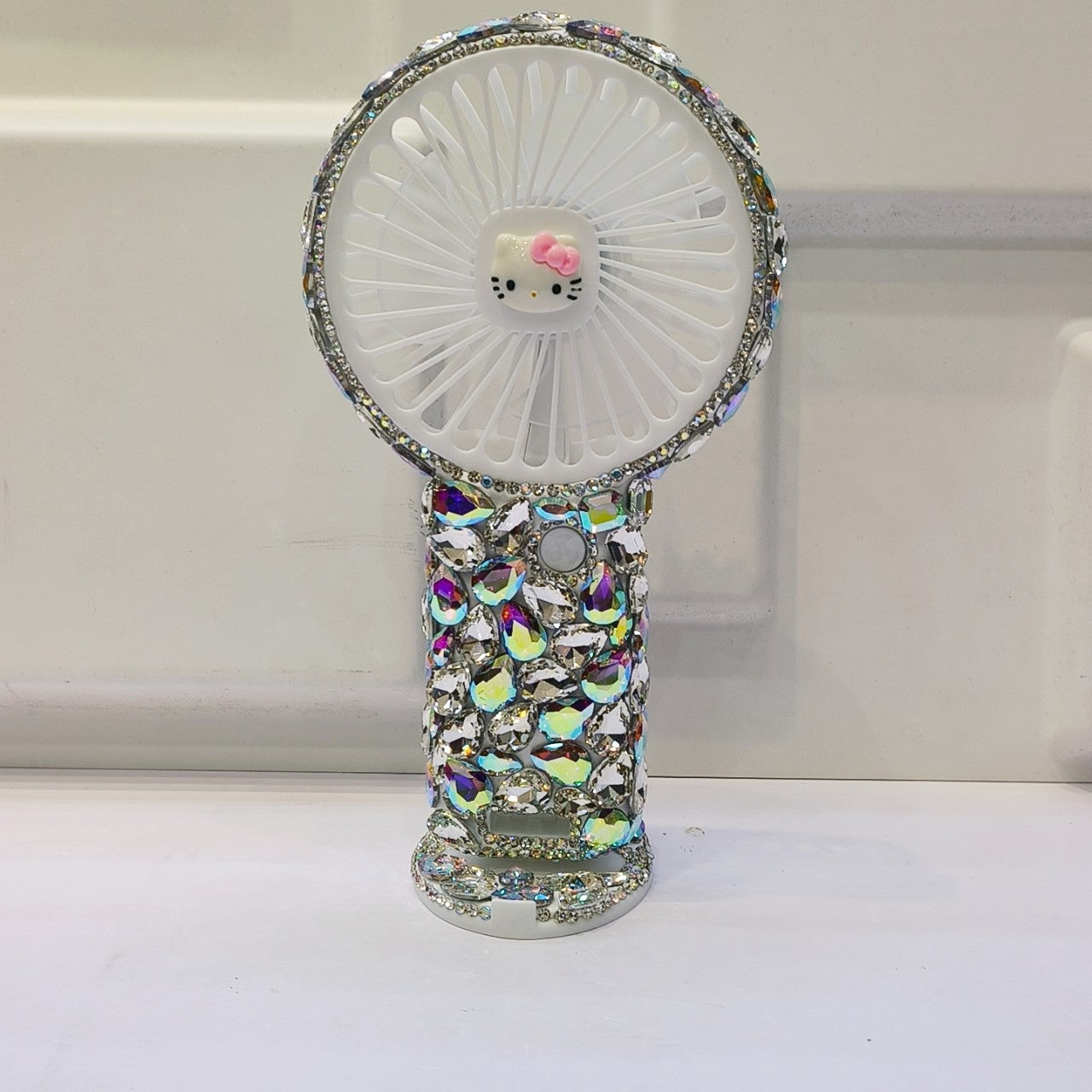 Rechargeable Portable Handheld Fan with Rhinestone Accents and Cat Emblem