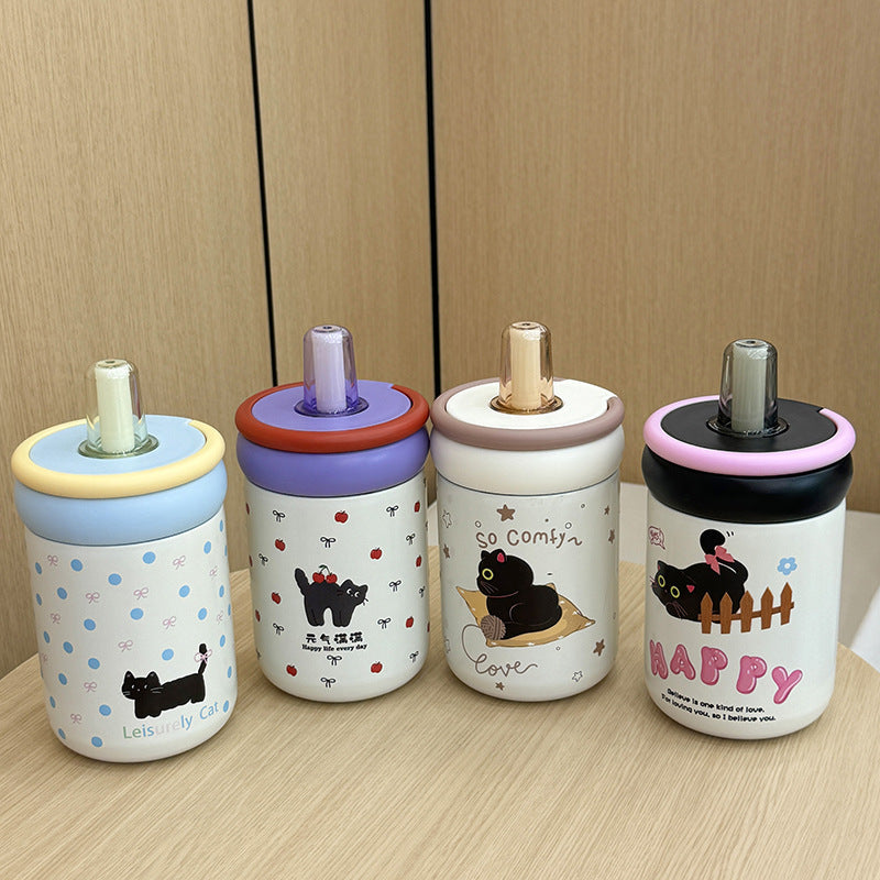 Women’s BPA-Free Plastic Water Bottle with Silicone Cap and Cat Design Playful Pattern