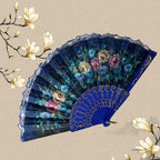 Ladies Elegant Hand Fan Wooden Frame Floral Lace Design Compact Portable