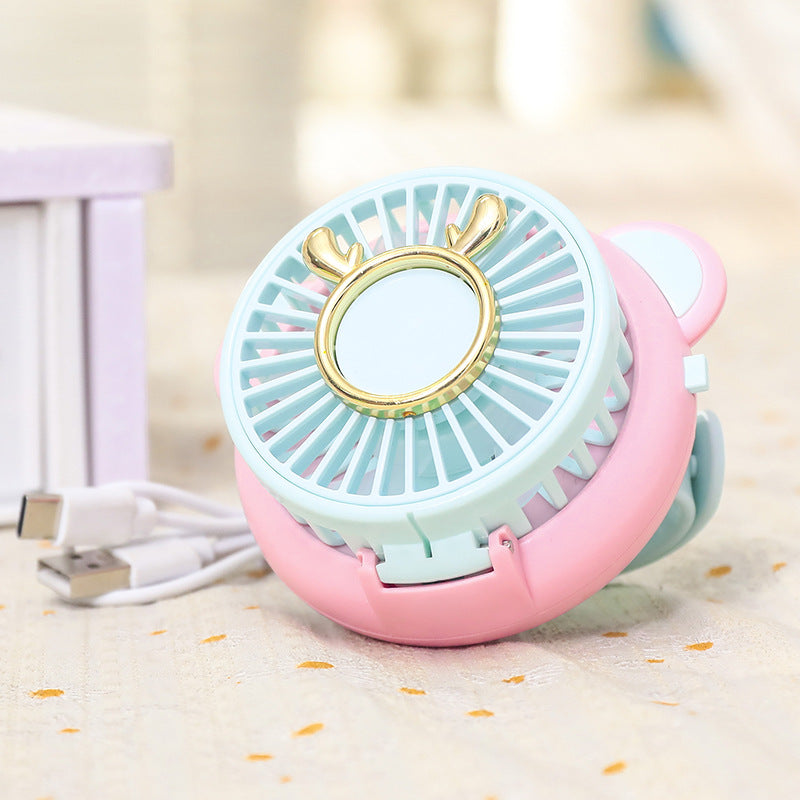 Ladies Portable Hand Fan with Integrated Mirror USB Rechargeable Cute Animal Design Lightweight