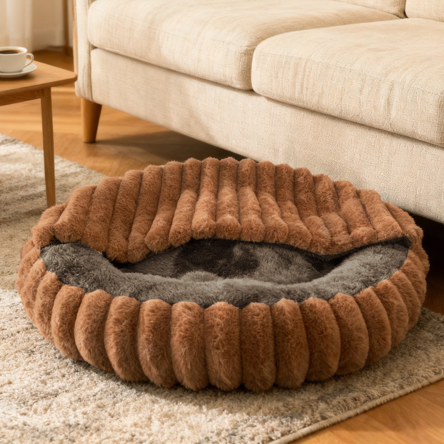 Round Pet Bed with High Edge Soft Cozy Washable Non-Slip Bottom for Dogs Cats