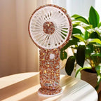 Rechargeable Portable Handheld Fan with Rhinestone Accents and Cat Emblem