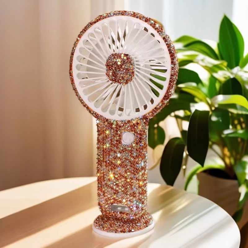 Rechargeable Portable Handheld Fan with Rhinestone Accents and Cat Emblem