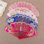 Women Folding Hand Fan Embroidered Pink Fabric and Wood Portable Accessory