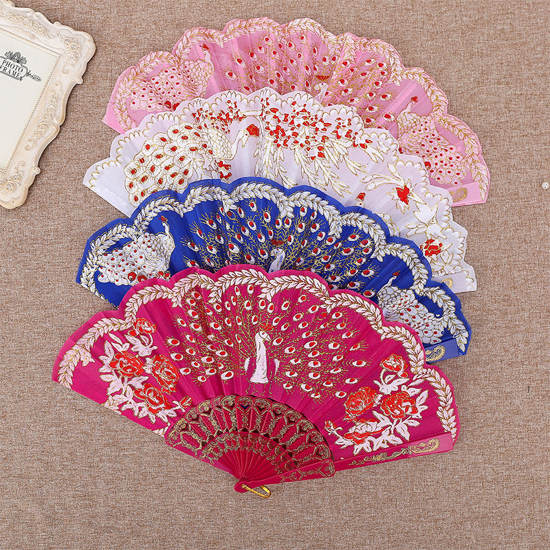 Women Folding Hand Fan Embroidered Pink Fabric and Wood Portable Accessory