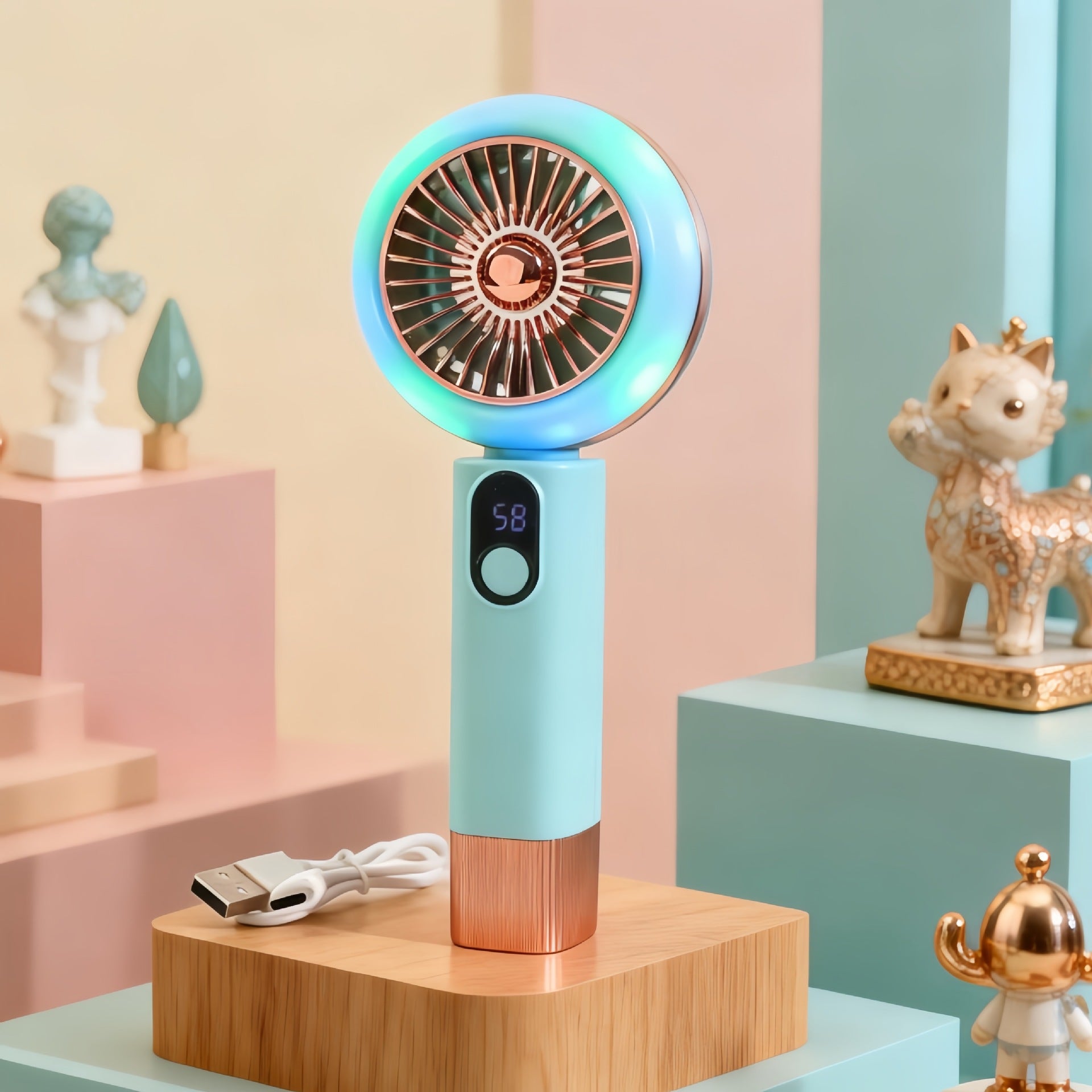 Ladies Portable Hand Fan with LED Display USB Rechargeable Stepless Speed Control Compact Design