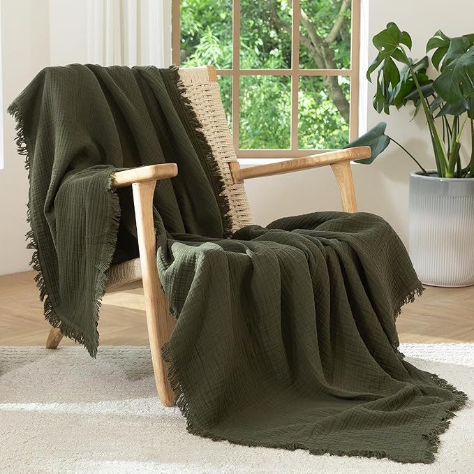 Bowlift Women's Soft Cotton Muslin Throw Blanket Breathable Lightweight with Fringes