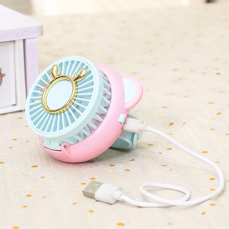 Ladies Portable Hand Fan with Integrated Mirror USB Rechargeable Cute Animal Design Lightweight