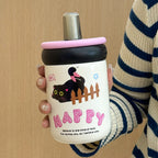 Women’s BPA-Free Plastic Water Bottle with Silicone Cap and Cat Design Playful Pattern