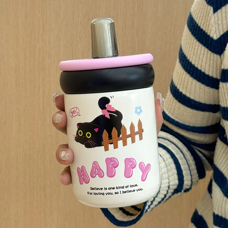 Women’s BPA-Free Plastic Water Bottle with Silicone Cap and Cat Design Playful Pattern