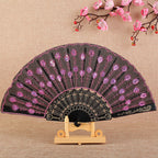 Handmade Ladies Fan Black Fabric Wood Blue Floral Embroidered Design