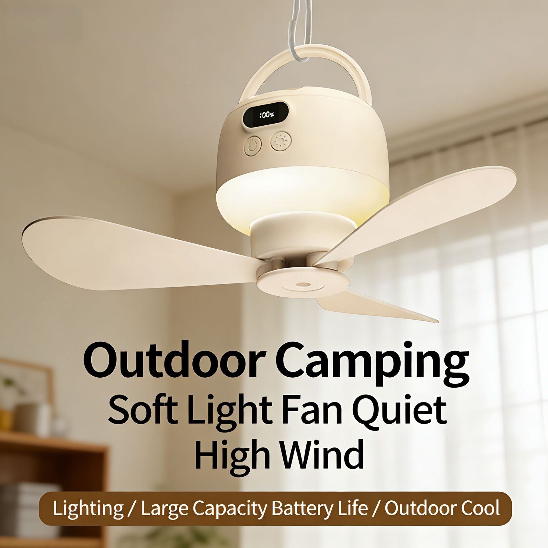 Portable Hanging LED Ceiling Fan Rechargeable Battery Adjustable Speeds Lightweight