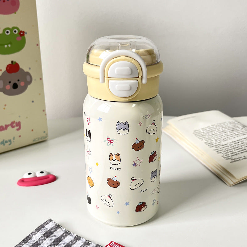 Women's Stainless Steel Insulated Water Bottle Double-Walled Flip Lid Leak-Proof Animal Design