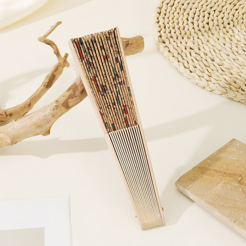 Women's Handmade Wooden Fan with Floral Motifs Elegant Fabric Folding Fan