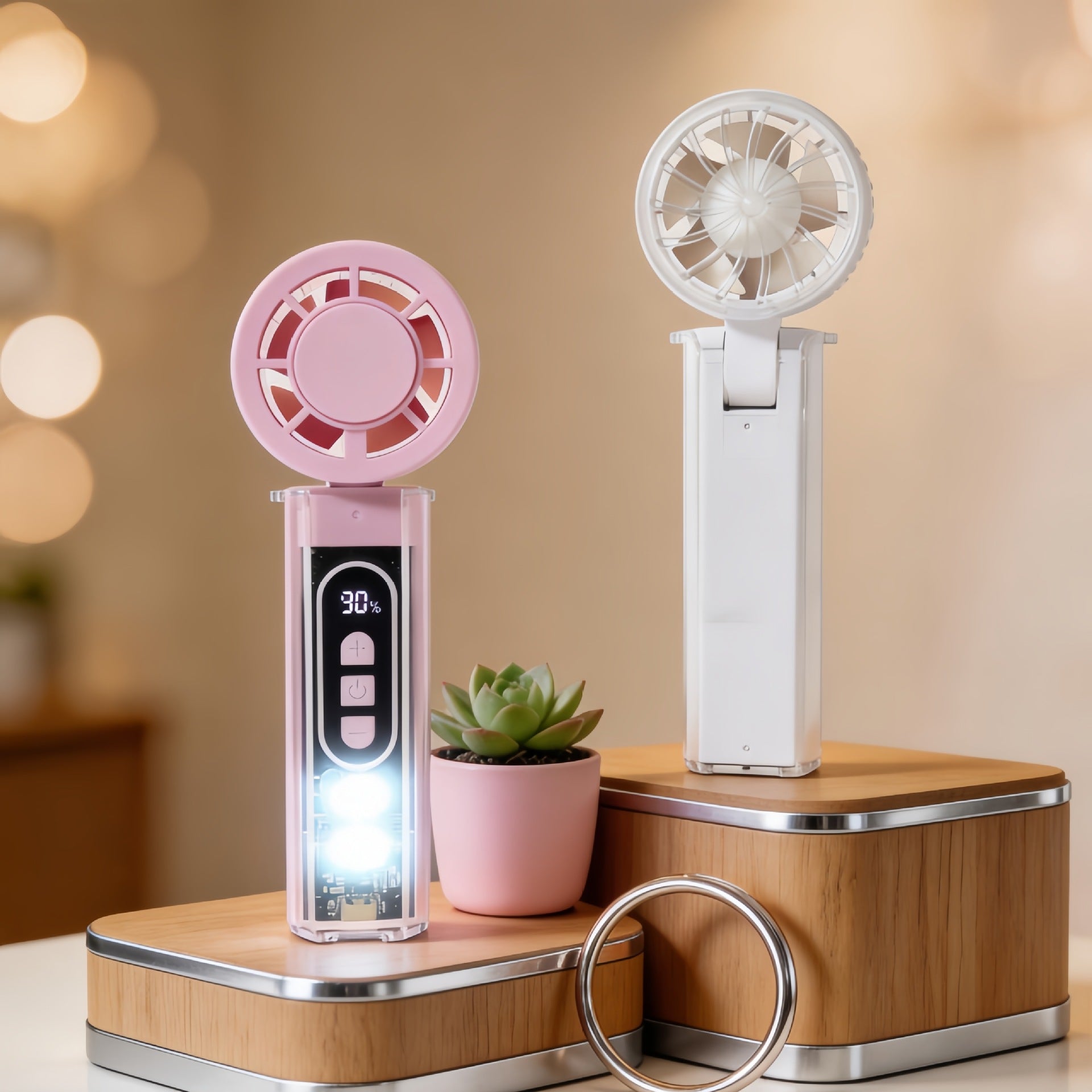 Ladies Portable Hand Fan USB Rechargeable with LED Light Adjustable Speed Compact Handheld Fan