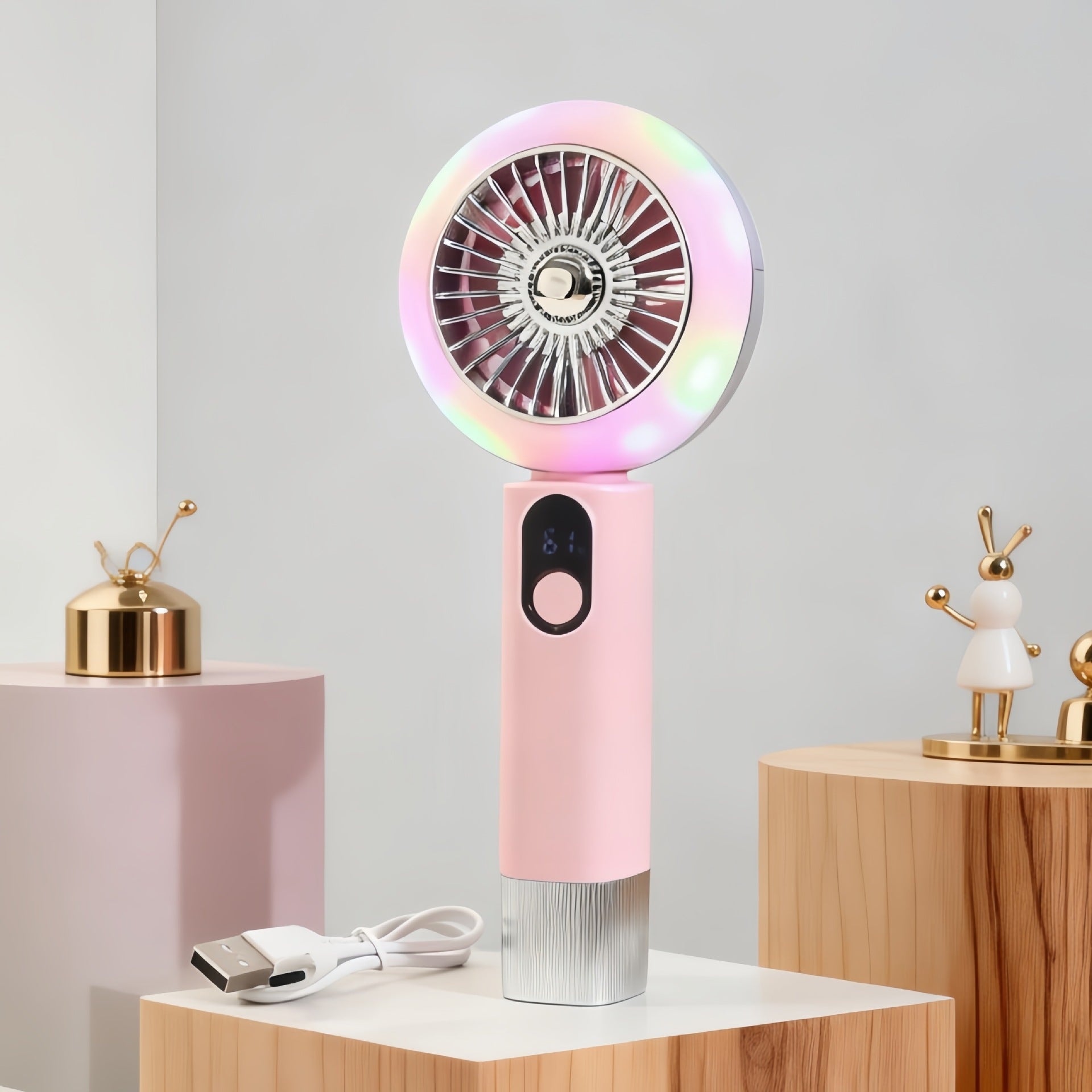 Ladies Portable Hand Fan with LED Display USB Rechargeable Stepless Speed Control Compact Design