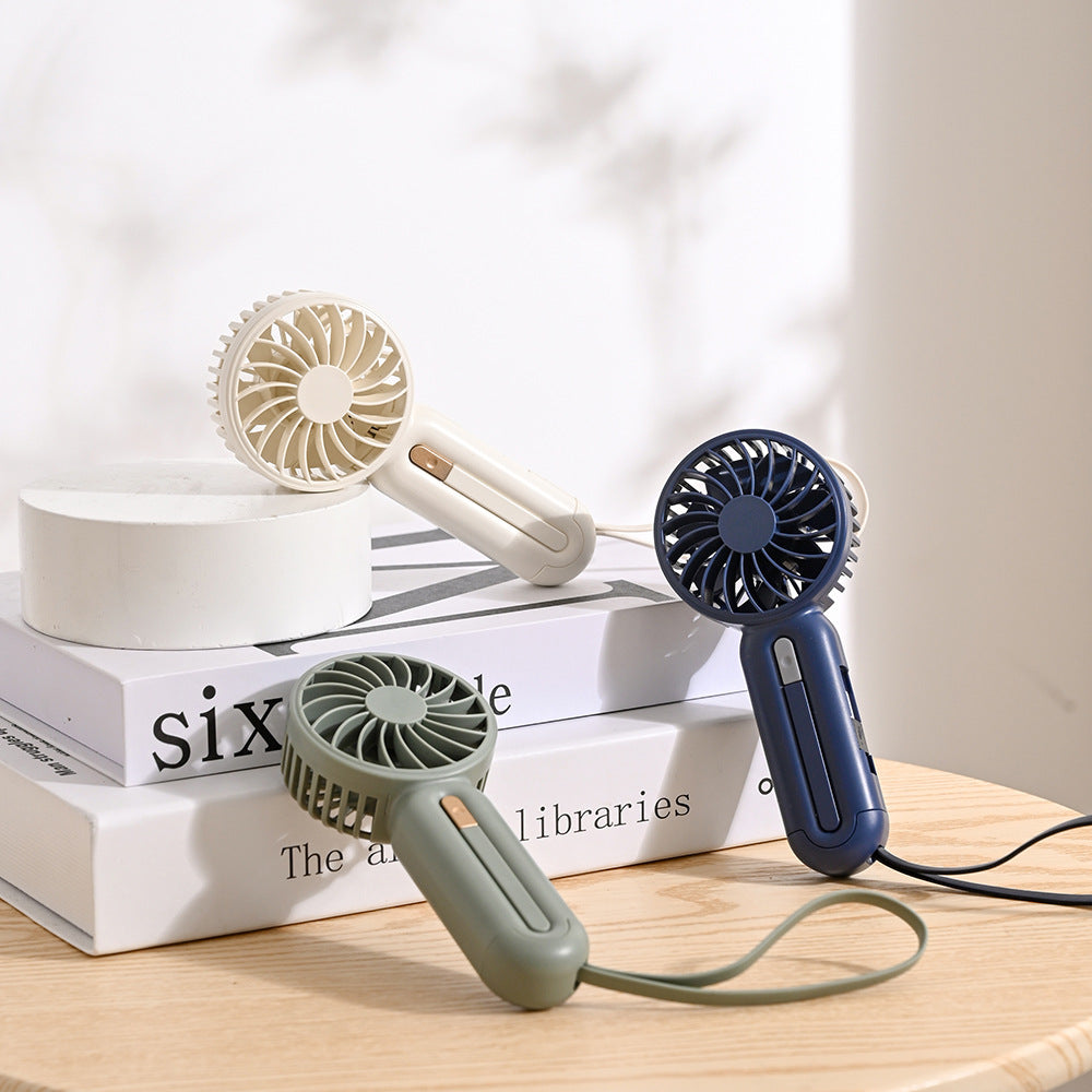 Unisex Compact Rechargeable Handheld Fan with Foldable Handle and Carrying Strap Portable Battery-Powered Fan