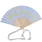 Ladies Designer Hand Fan Bamboo Frame Personalized Inscription Blue Yellow