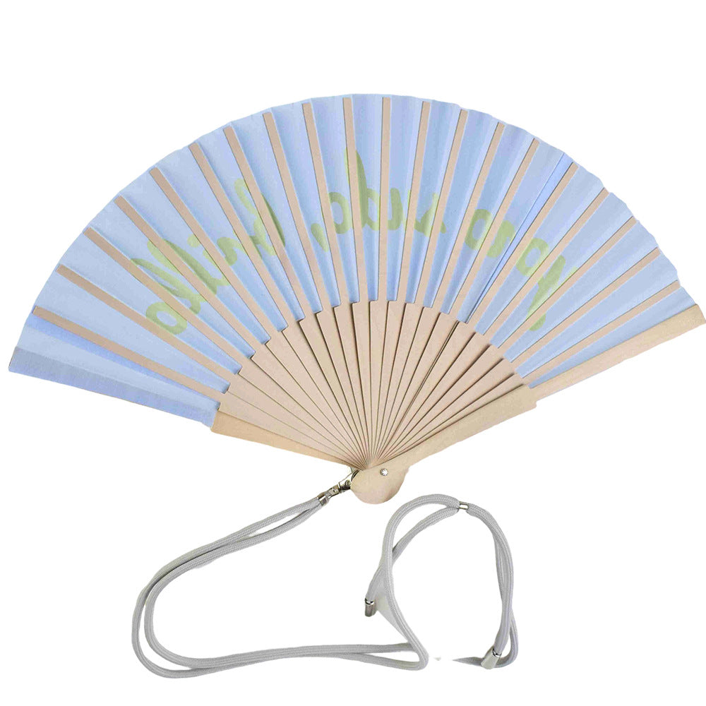 Ladies Designer Hand Fan Bamboo Frame Personalized Inscription Blue Yellow