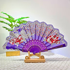 Women Folding Hand Fan Embroidered Pink Fabric and Wood Portable Accessory