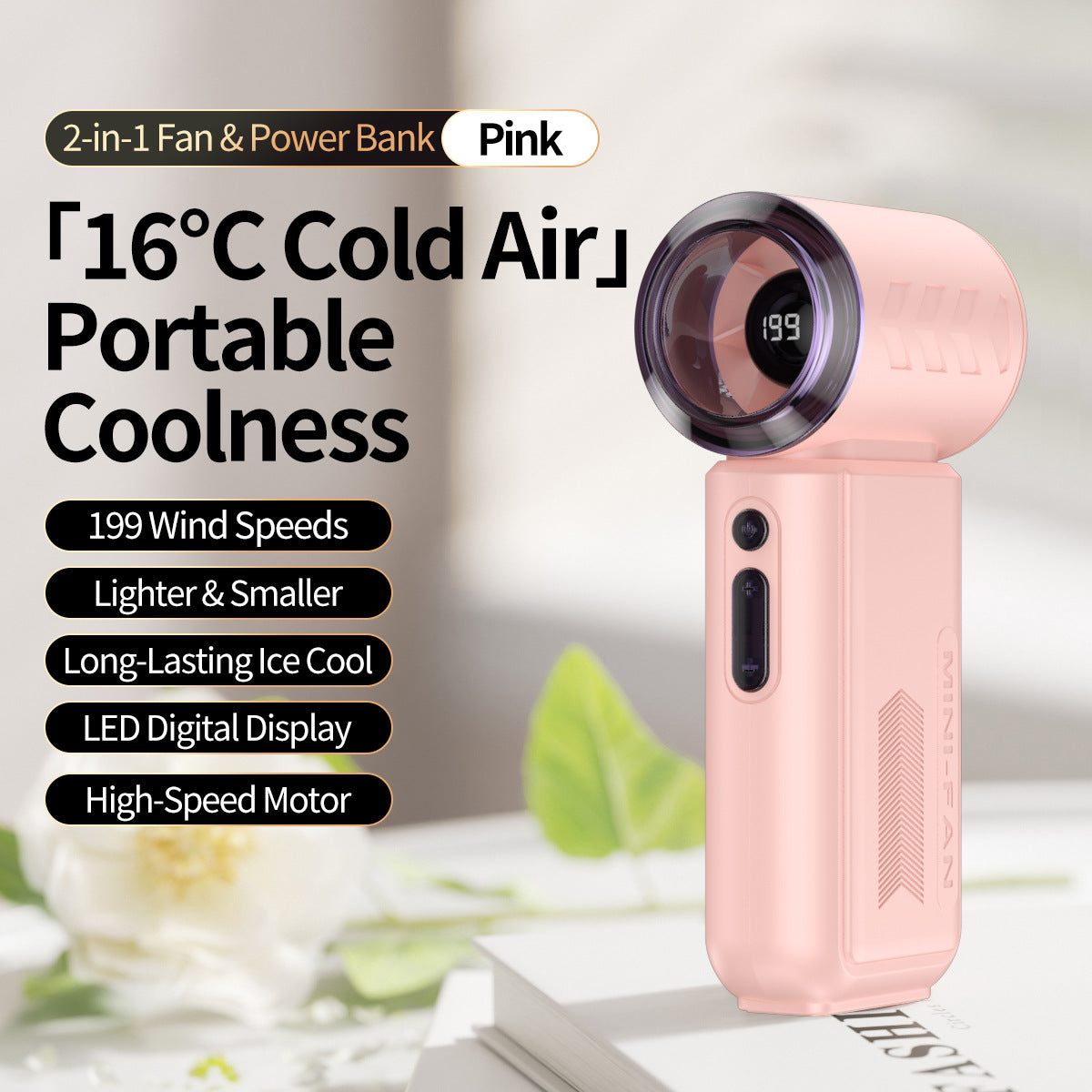 Portable Cooling Fan with Power Bank Adjustable Speeds Lightweight Compact