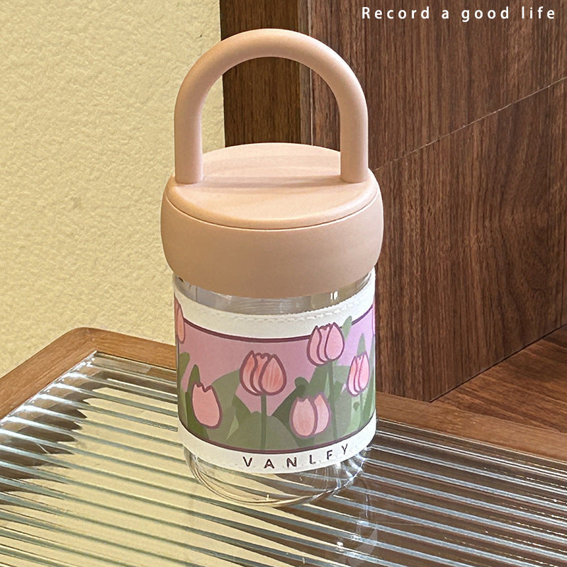 Insulated Women's Water Bottle with Ergonomic Handle Floral Design BPA-Free Plastic