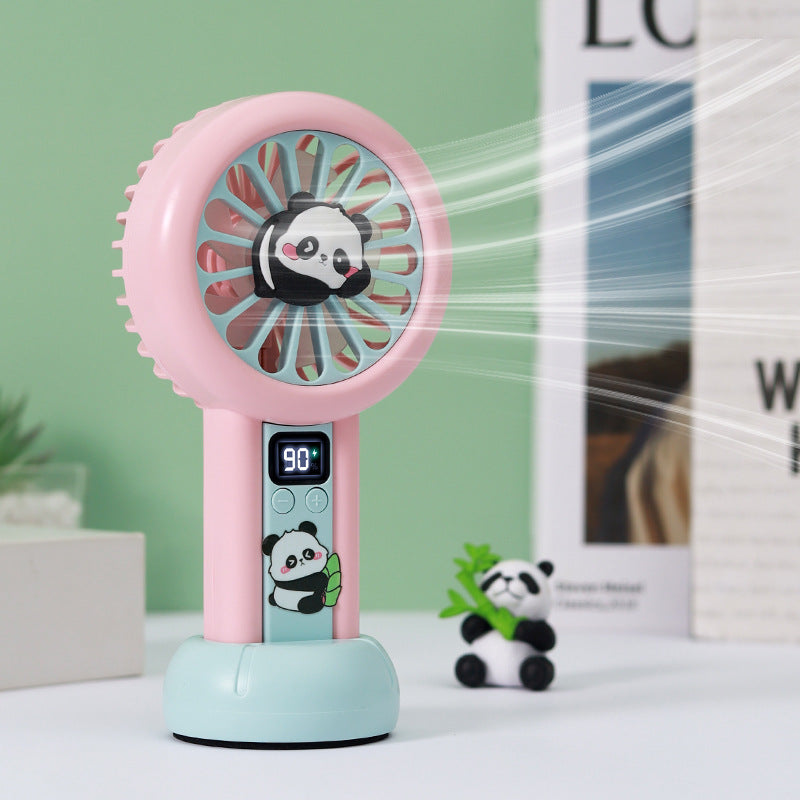 Portable Handheld Fan Panda Design Digital Speed Display Battery Powered