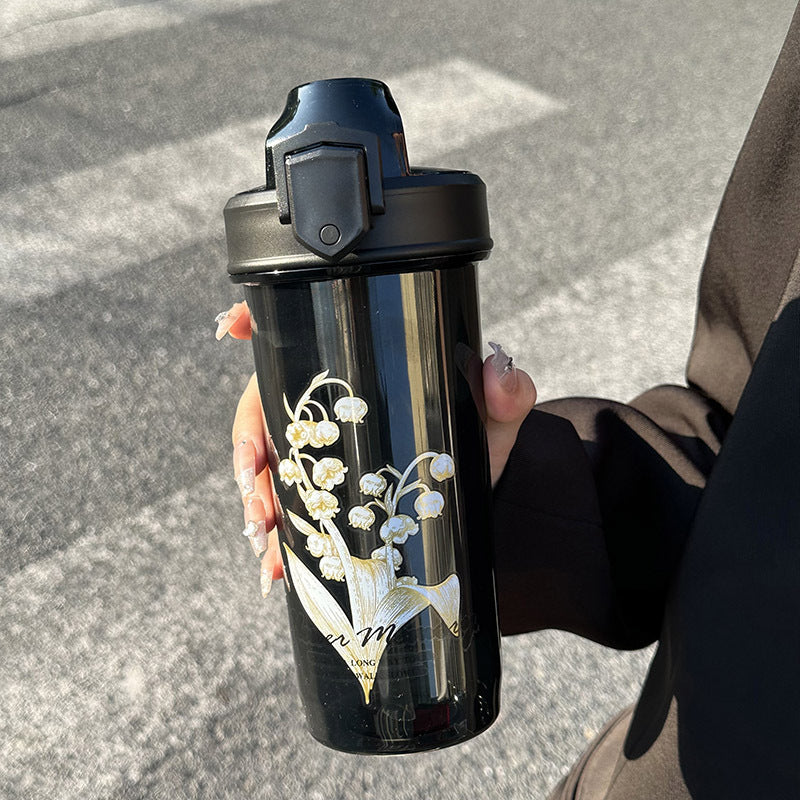 Women's Insulated Water Bottle Floral Design Leak-Proof Flip Lid Thermal Drink Bottle
