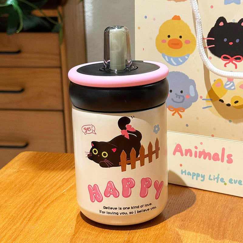 Women's Insulated Plastic Drinking Cup Double-Walled with Secure Flip Lid and Cat Design