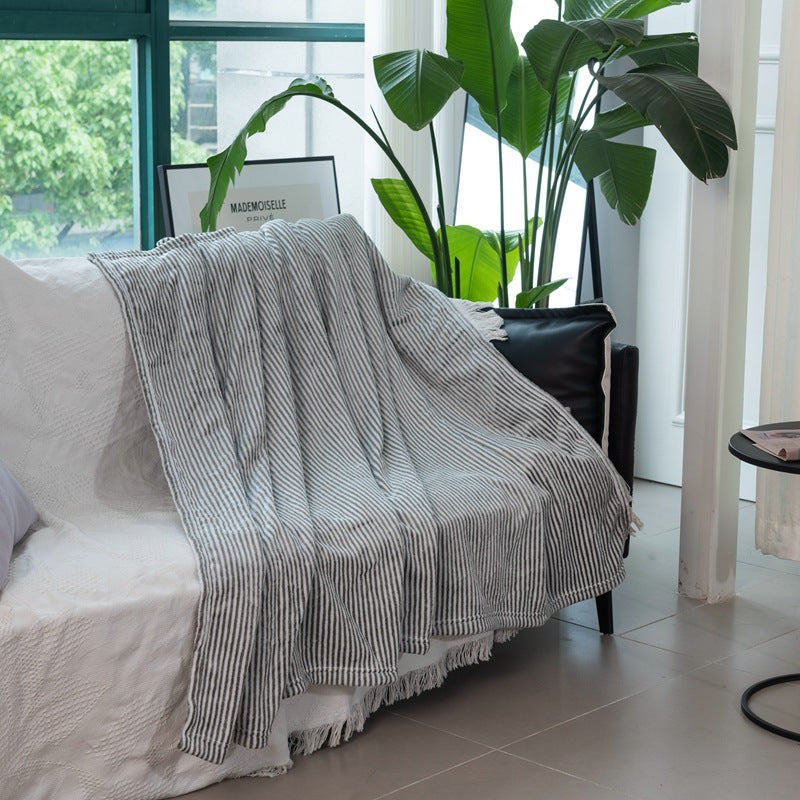 Cotton Throw Blanket for Sofa and Bed Striped Pattern Machine Washable Cozy Home Decor