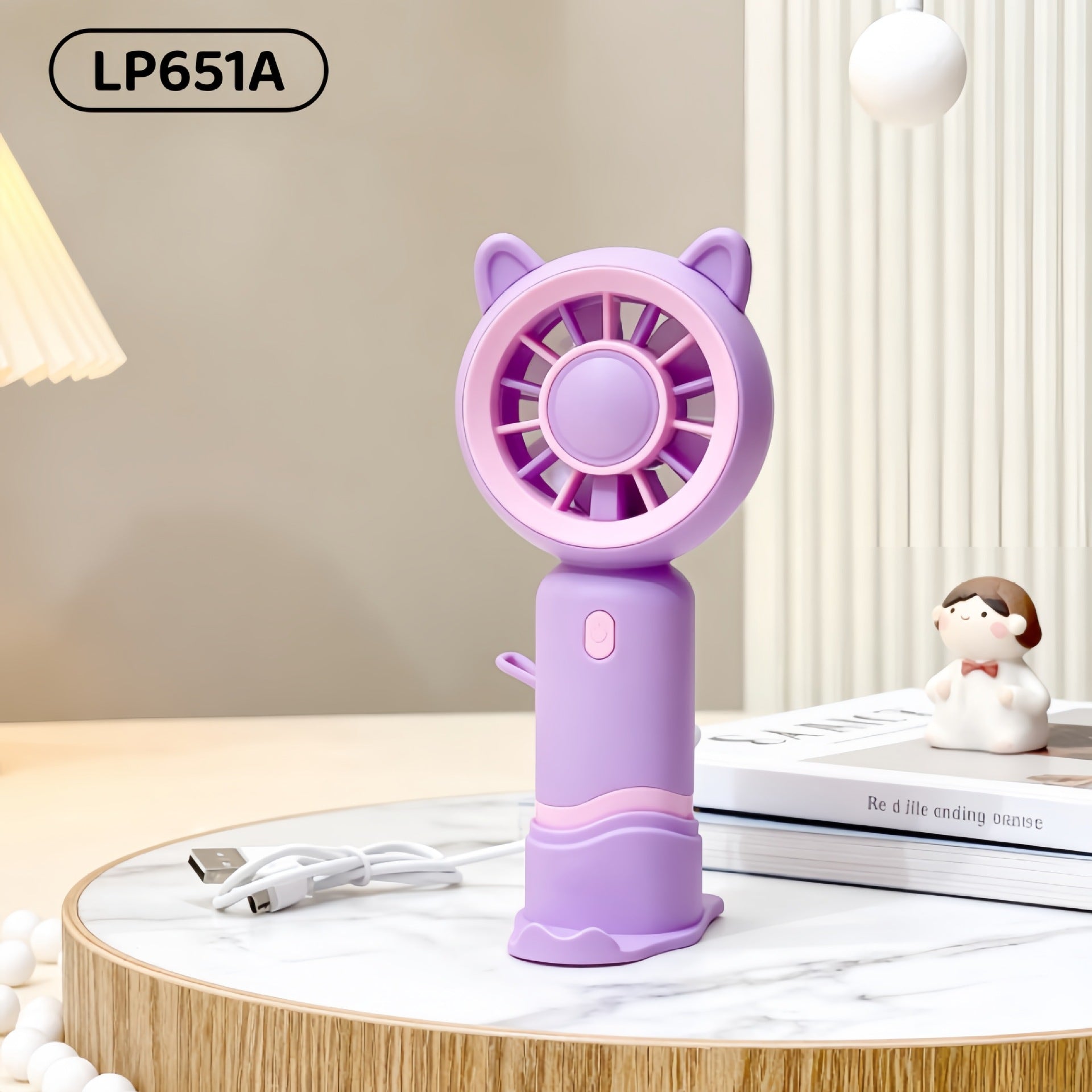 Portable Hand Fan USB Rechargeable Compact Cute Cat Design for Women