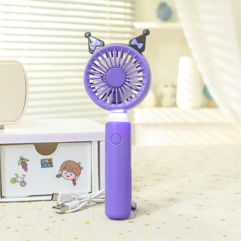 Portable Handheld Fan with LED Light and Animal Ear Design USB Rechargeable Quiet Operation