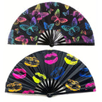 Ladies Folding Fan Colorful Butterfly and Lip Print Motif Lightweight Accessory