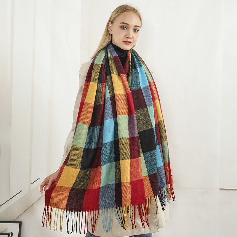 Women Large Checkered Scarf Soft Warm Fashionable Autumn Winter Accessory