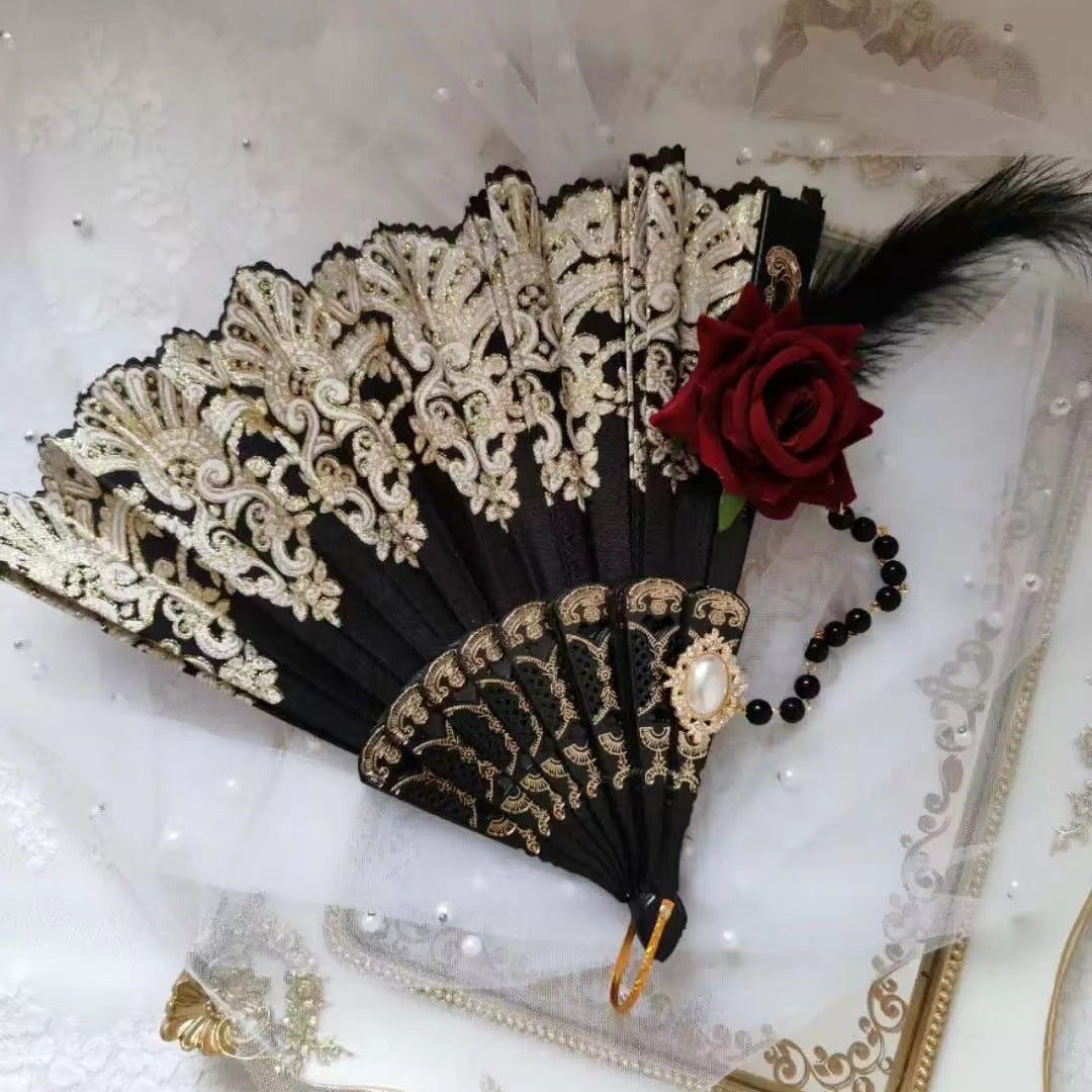 Ladies Hand Fan Elegant Artistic Design Wooden Frame Foldable Lightweight