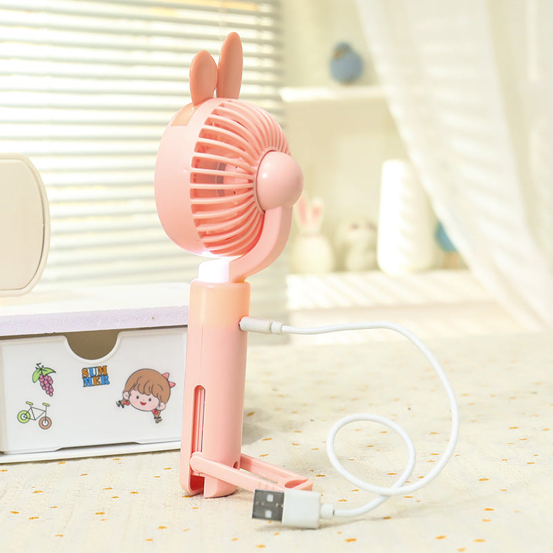 Portable Handheld Fan with LED Light and Animal Ear Design USB Rechargeable Quiet Operation