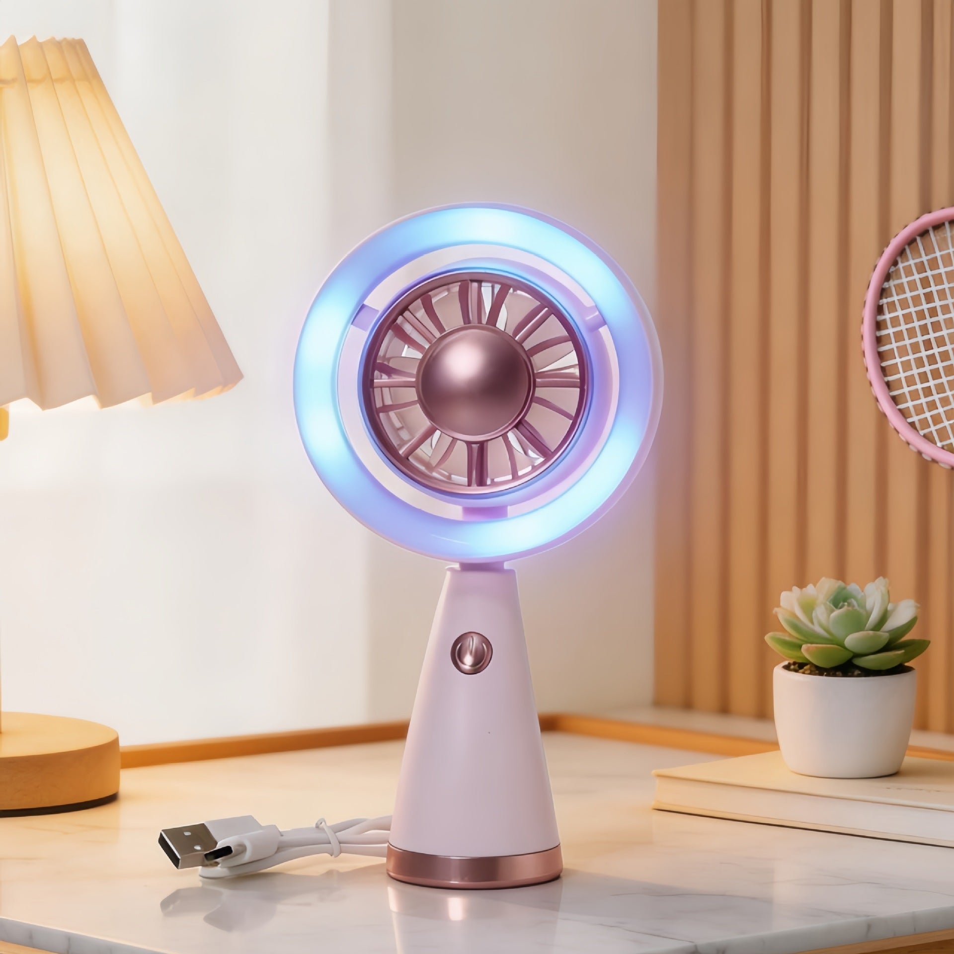 Portable Handheld Fan with Color Changing LED Light USB Rechargeable Quiet Operation