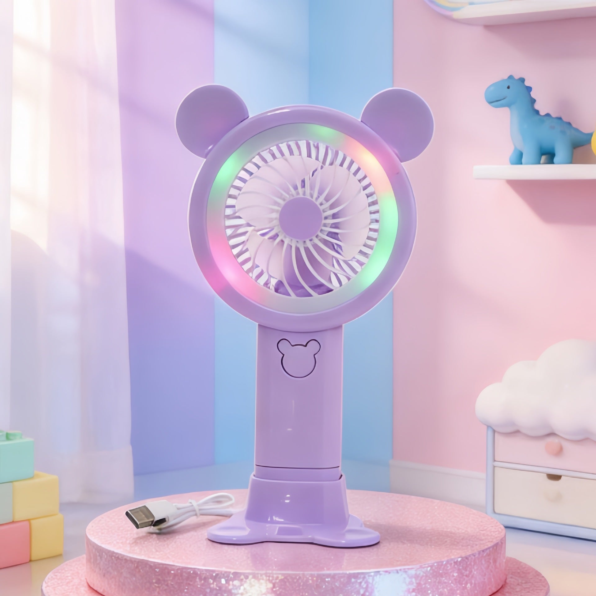 Portable USB Hand Fan with LED Lights Flexible Tilt Lightweight Personal Cooling Device