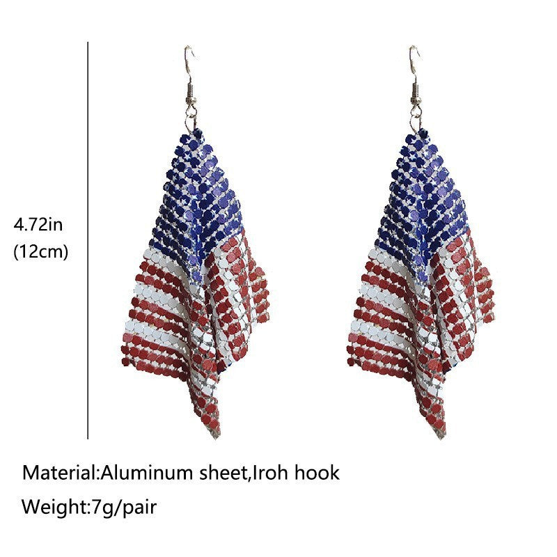 Women's Long Rhinestone Mesh Earrings American Flag Design Fishhook Lightweight