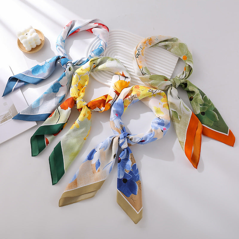 Women's Silk Scarf Botanical Pattern Soft Lightweight Elegant Neck Scarf Hairband Accessory