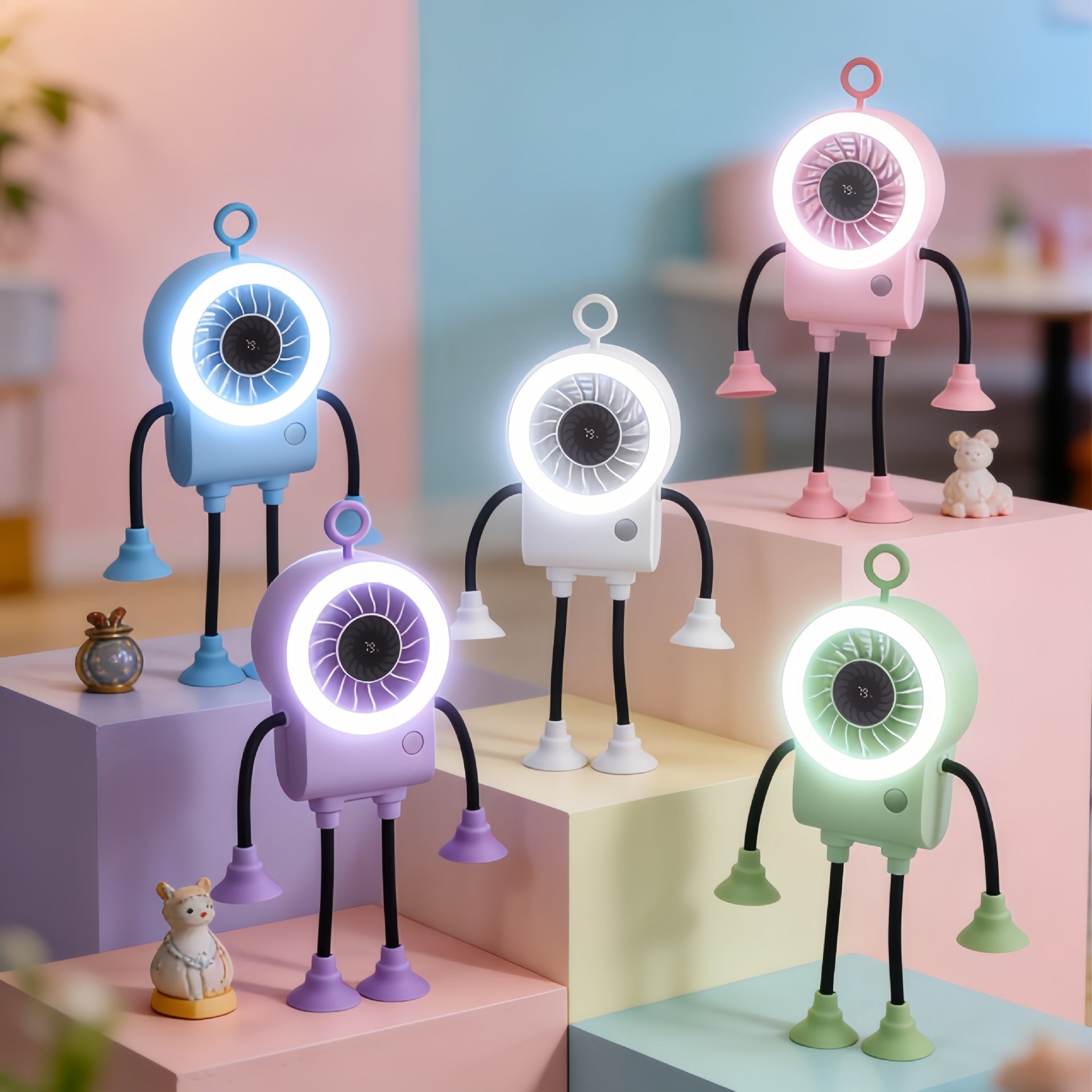 Creative Table Fan with LED Light and Ergonomic Flexible Legs Compact Portable Cooling Fan for Desk or Nightstand